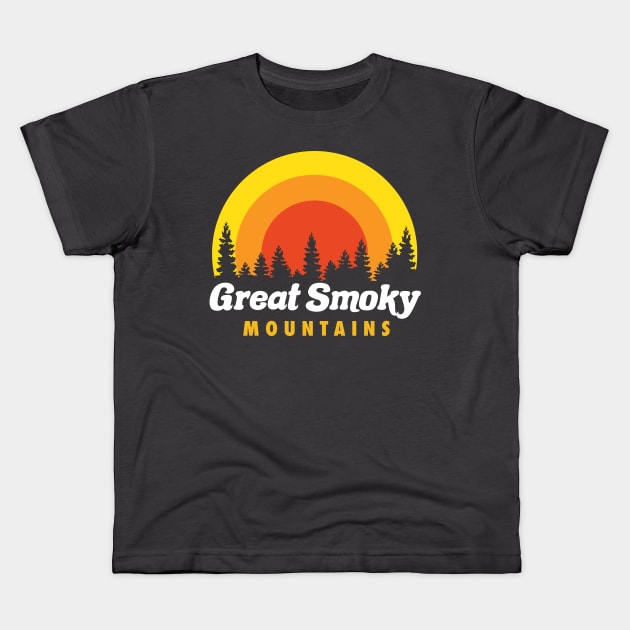 Great Smoky Mountains Retro Trees Sunset Kids T-Shirt by PodDesignShop